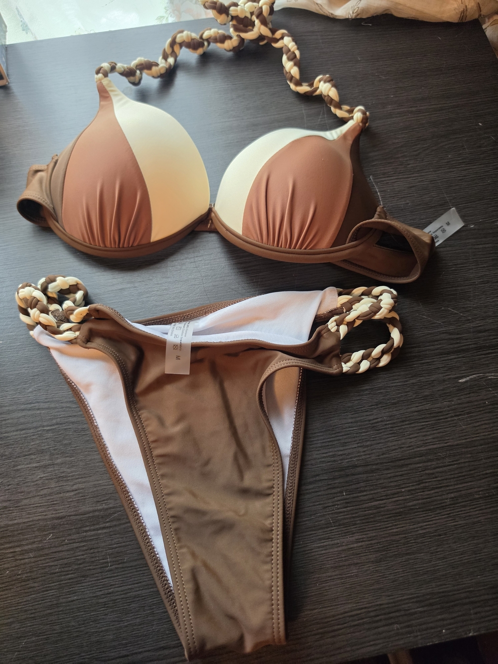SHEIN Two-Tone Brown & Cream Braided Strap Bikini